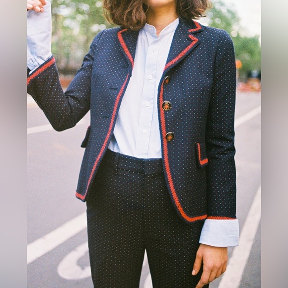 Gucci women Velvet Trimmed Polka Dot Cotton And Wool Blend Blazer Navy - Picture 1 of 5